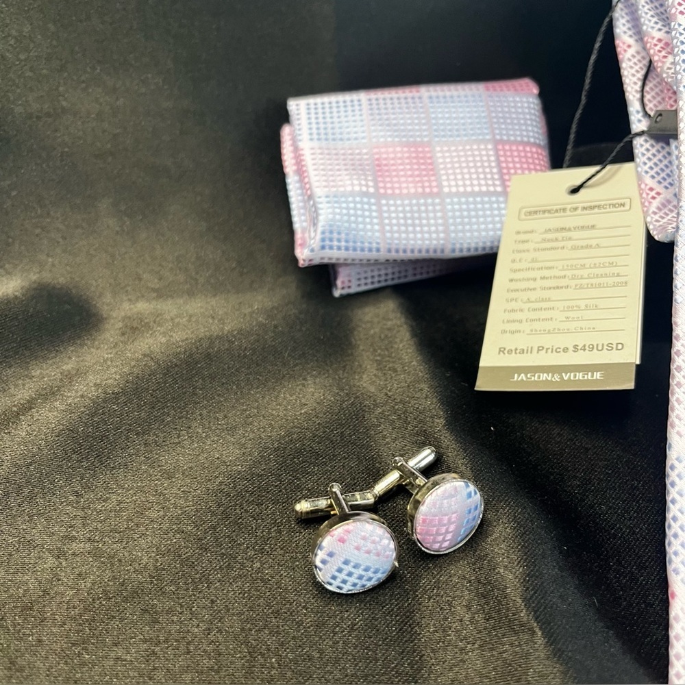 NWT- Silk Pink & Light Blue Check Tie Set with Cufflinks - Picture 3 of 4